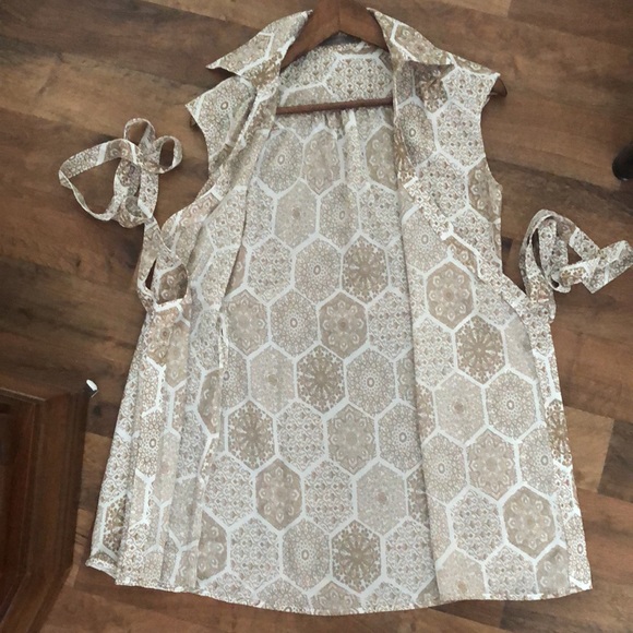 Tan/ Creme pattered, sleeveless, long wrap blouse, Zero, Eur36/US6, - Picture 7 of 10